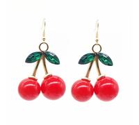 Cherry Fruit Crystal Small Earrings Gold Plated Handmade Charm Sweet 3D Red Fruits Green Leaf Glitter Rhinestone Cubia Zirconia Stud Earrings for Women Birthday Valentine Party Jewelry Gifts, M, Zinc