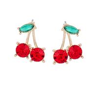 Cherry Fruit Crystal Small Earrings Gold Plated Handmade Charm Sweet 3D Red Fruits Green Leaf Glitter Rhinestone Cubia Zirconia Stud Earrings for Women Birthday Valentine Party Jewelry Gifts, M, Zinc