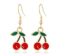 Cherry Fruit Crystal Small Earrings Gold Plated Handmade Charm Sweet 3D Red Fruits Green Leaf Glitter Rhinestone Cubia Zirconia Stud Earrings for Women Birthday Valentine Party Jewelry Gifts, M, Zinc