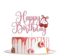 Cherry Happy Birthday Cake Topper, Bow Cherry Birthday Cake Decorations, Cherry Sweet One, Sweet Fruit Theme Baby Shower Bday Party Decorations Pink Glitter