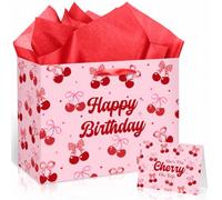 Cherry Happy Birthday Gift Bag with Card & 3 Sheets Red Tissue Paper, Double Sided "She's The Cherry On Top" Present Bag for Girls Women, Large Luxury Coquette Ribbon Gift Wrap
