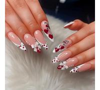 Cherry Heart Almond Press On Nails Short Glossy Red - Romantic French Tip False Nails Cute Design Summer Flowers DIY Manicure Handmade Fake Stiletto Polka Dot Duck Tips Blood Halloween Autumnal Party