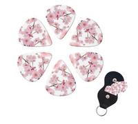Cherry Japanese Cherry Blossom Guitar Picks 6 Pack, 0.71mm Thickness Celluloid Bass Pick with Leather Guitar Pick Holder Keychain Abstract Art Pics Plectrum for Acoustic Electric Guitar, Ukulele, Bass