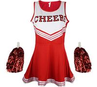 Cherry-on-Top Cheerleader Fancy Dress Outfit Uniform High School Cheerleader Costume Women with Pom Poms Red Cheerleader Adult, Ladies Medium