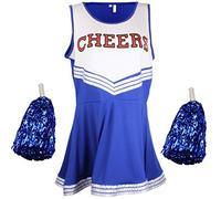 Cherry-on-Top Cheerleader Fancy Dress Outfit Uniform High School Costume With Pom Poms Blue Cheerleader, Small
