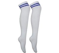 Cherry-on-Top Thigh High Socks White Knee High Socks Womens Knee-Highs Thigh Highs Stripe Long White Sock Over the Knee Womens Cheerleader Pub Golf Fancy Dress Blue 2 Stripe