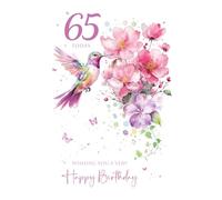 Cherry Orcahrd Ladies 65th Birthday Card, Gorgeous Flowers and Hummingbird artistic design, Finished with Beautiful Pink foil complete with envelope