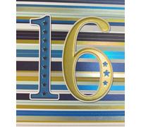 Cherry Orchard 16th Birthday Card, Blue and Gold Foil Striped Design with Stars, Happy Birthday Message Inside