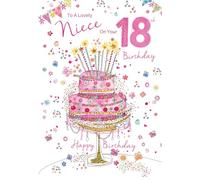 Cherry Orchard 18th Birthday Card for Niece, Pink Cake Design with Butterflies and Stars