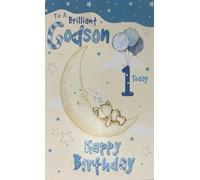Cherry Orchard 1st Birthday Card for Godson with Teddy Bear, Moon, Stars, Balloons Design, Embossed with Foil Details