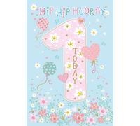 Cherry Orchard | 1st Birthday Card | Pink Floral & Balloons -| Hip Hip Hooray | Large Number 1 with Daisies, Hearts & Balloons | For Baby Girl’s First Birthday Celebration