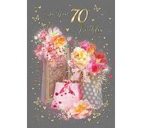 Cherry Orchard 70th Happy Birthday Card with Present and Flowers Design with Gold Foil Details and Gold Envelope from