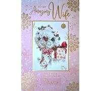 Cherry Orchard Amazing Wife Christmas Card, Elegant Pink and Gold Design with Snowflakes, Romantic Holiday Greeting Card with Floral Bouquet