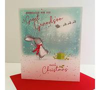 Cherry Orchard Artistic Christmas Greeting Card - Especially For You Great Grandson - Bunny Rabbit and Gift - For Him