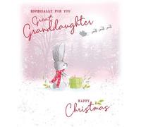 Cherry Orchard Artistic Christmas Greeting Card - Great Granddaughter - Adorable Rabbit Holding a Gift
