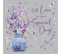 Cherry Orchard, Artistic Floral Ladies Birthday Card, Purple Flowers & Bumble Bee's, Gold Foil Finish, Complete with Envelope