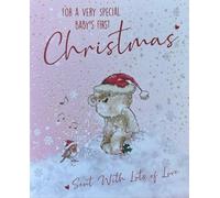 Cherry Orchard Baby's First Christmas Card, Pink Snowflake Design with Bear and Robin, Festive Holiday Greeting Card with Gold Accents