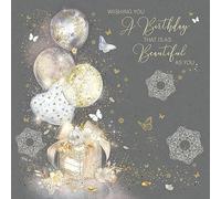 Cherry Orchard Balloons and Presents Happy Birthday CArd with Gold Foil Detail and Gold Envelope Grace