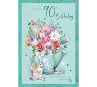 Cherry Orchard Beautiful 90th Birthday Card, Elegant design Watering can & Flowers, finished with a shimmering foil border