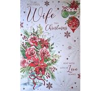 Cherry Orchard Beautiful Wife Christmas Card with Festive Floral Design, Romantic Verse, Glitter Accents, Poinsettias, Roses, Baubles