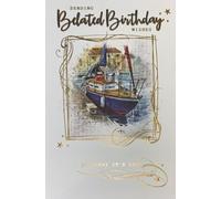 Cherry Orchard Belated Birthday Card, Sailing Boat Harbour Design with Gold Foil Accents, White and Blue, 21 x 15 cm