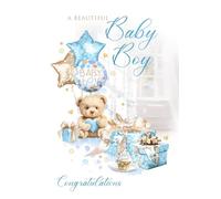 Cherry Orchard - Birth of Baby Boy Congratulations Card, Teddy Bear Design with Balloons, Lovely Message Inside