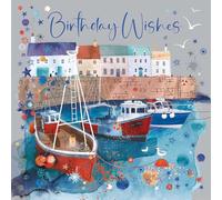 Cherry Orchard Birthday Card, Birthday Wishes, Charming Boat Harbour design, Seaside Harbour Birthday Card, Sylish Gold Foil, Complete with envelope
