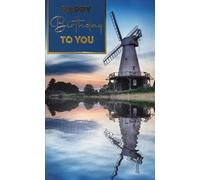 Cherry Orchard Birthday Card with Windmill Lake Reflection Scene, Gold Foil Text, Matching Envelope