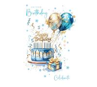 Cherry Orchard Birthday Cards for Him, Blue and Gold Birthday Cake & Balloon design, from, Complete with Envelope