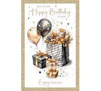 Cherry Orchard, Birthday Cards for Him, Luxury Black & Gold Gifts and Balloons, Mens Birthday cards, Gold Foil Border, Complete with Envelope