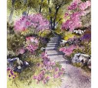 Cherry Orchard Blank Greeting Card, Garden Pathway Watercolour Design with Pink Blossoms, Includes Envelope