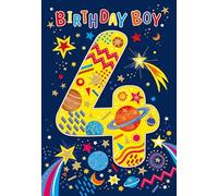 Cherry Orchard | Boys 4th Birthday Card | Birthday Card for Age 4 Boy | Birthday Boy | Colourful Planets and Stars | Cute and Fun Design with Gold Foil Finish | Complete with Envelope