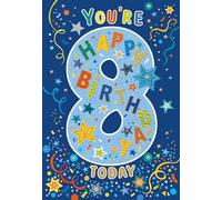 Cherry Orchard | Boys 8th Birthday Card | Birthday Card for Age 8 Boy | EIGHT| Fun Colourful Confetti design with Embossing &Gold Foil Finish | Complete with Envelope