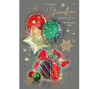 Cherry Orchard 'Brilliant Grandson' Christmas card, Artistic design with Balloons &Gifts, Gold foil finish, comes complete with Gold envelope.