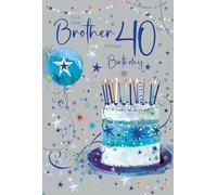 Cherry Orchard, Brother 40th Birthday Card, Vibrant Birthday Cake & Candles, Gold Foil Text, Sentimental verse, Complete with envelope