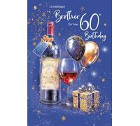 Cherry Orchard | Brother 60th Birthday Card | 60th Birthday card for Brother | Elegant Navy Blue & Gold Design - Red Wine & Balloons | Luxurty Insert | Complete with Envelope