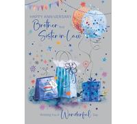 Cherry Orchard | Brother and Sister in Law Anniversary Card | Bright & Cheerful Presents and Balloons Design | Luxury Insert | Gold Foil Text | Anniversary Card for Brother