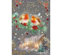 Cherry Orchard 'Brother and Sister in Law' Christmas Card, Artistic design with Two little Robins sat on Holly, from the Gorgeous Grace Range. Comes complete with gold envelope.