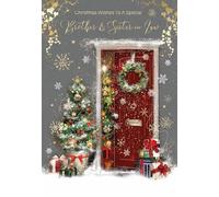 Cherry Orchard 'Brother and Sister in Law' Christmas Card, Artistic Front Door with Christmas Wreath design,Gold foil details from the Gorgeous Grace range. Comes complete with gold envelope.