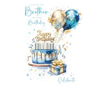 Cherry Orchard Brother Birthday card, With modern cake and Balloons design, Complete with Envelope, From