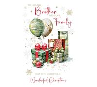 Cherry Orchard | Brother & Family Christmas Card | Festive Red & Green Gifts and Balloons | Luxury Insert | Gold Foil Finish | Complete with Envelope