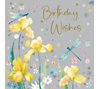 Cherry Orchard, Charming Floral Ladies Birthday Card, Vibrant Yellow Irises & dragonflies, Gorgeous Gold Foil Finish, Complete with Envelope