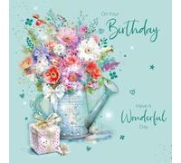 Cherry Orchard, Charming Floral Ladies Birthday Card, Watering Can and Vibrant Flowers, Gold Foil Text and flecks of detail, Complete with Envelope