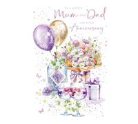 Cherry Orchard | Charming Mum & Dad Anniversary Card | Happy Anniversary Mum and Dad | Pastel Flowers, Balloons and Gin | Luxury Insert | Gold Foil Text |Complete with Envelope