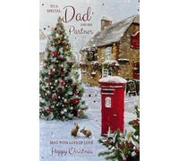 Cherry Orchard Christmas Card for Dad and Partner, Traditional Snowy Village Scene with Red Postbox and Tree Design, Includes Envelope
