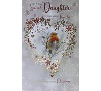 Cherry Orchard Christmas Card for Daughter and Family, Festive Robin with Heart Wreath Design, Gold Foil Accents, Silver Snowflake Background