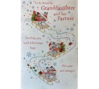 Cherry Orchard Christmas Card for Granddaughter and Partner, Festive Sledging Rabbits Design with Glitter Details, Holiday Greeting Card