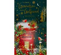 Cherry Orchard Christmas Card for Grandson and Girlfriend, Red Postbox Design with Robins, Holly and Gold Foil Accents, Traditional Festive Style