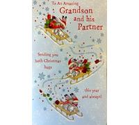Cherry Orchard Christmas Card for Grandson and Partner, Glitter Accents, Sledging Rabbit Design with Snowflakes, Festive Holiday Greeting
