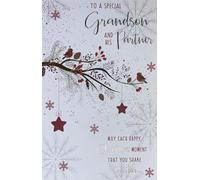 Cherry Orchard Christmas Card for Grandson and Partner, Traditional Festive Design with Robins, Stars, Snowflakes and Gold Foil Accents